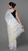 Vivid Pure Linen Embroidered Handloom Off White Saree