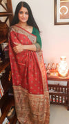 Silkmark Certified Tussar Silk Handloom Saree Handblock Print Medium Carmine Red Color with running blouse-Indiehaat