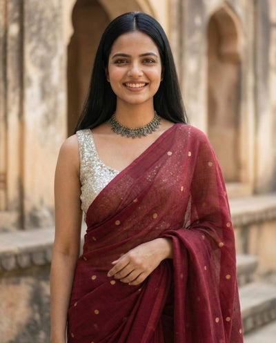 Indiehaat | Pure Mul Cotton Sequin Saree Red