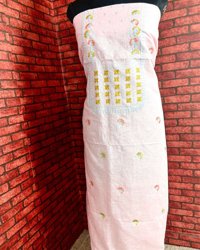 Indiehaat | Pure Linen Embroidered Suit Pink Color (Top+Dupatta) With Linen Bottom