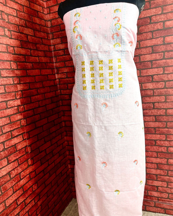 Indiehaat | Pure Linen Embroidered Suit Pink Color (Top+Dupatta) With Linen Bottom