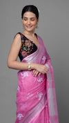 Blissful Pure Linen Embroidered Handloom Pink Saree