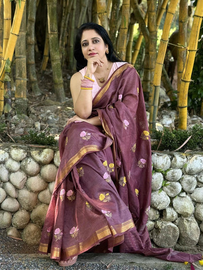 Indiehaat | Silk Linen Embroidery Saree Red