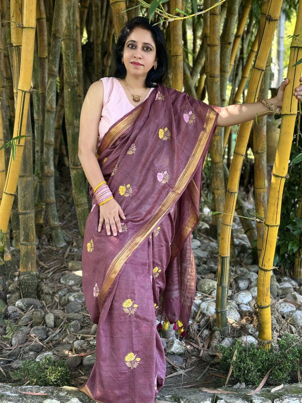 Indiehaat | Silk Linen Embroidery Saree Red