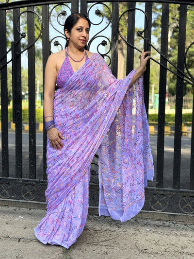 Indiehaat | Tepchi Handwork Georgette Saree Purple