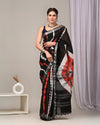 Indiehaat | Linen Saree Black Color Kalamakari Handblock Printed With Running Blouse