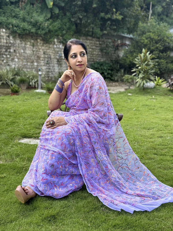 Indiehaat | Tepchi Handwork Georgette Saree Purple