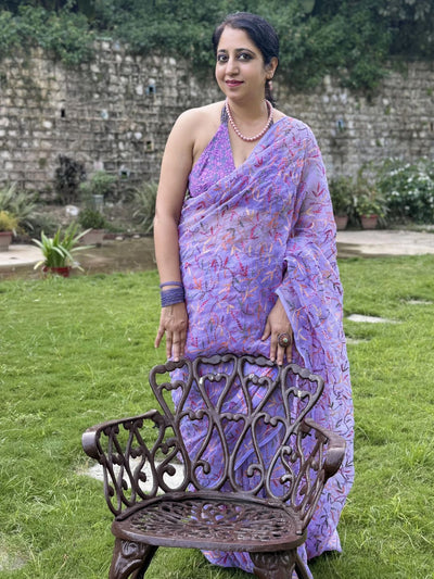 Indiehaat | Tepchi Handwork Georgette Saree Purple