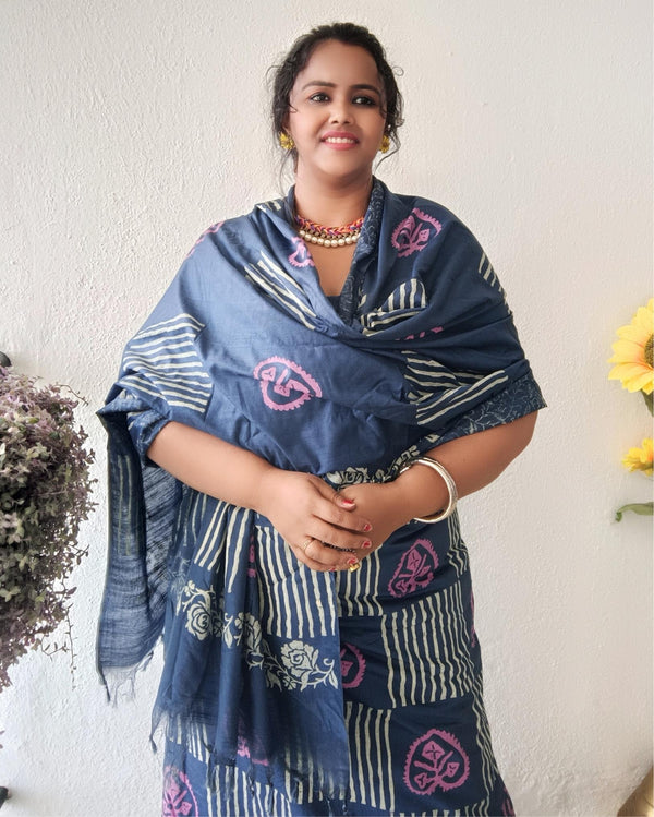 Katan Silk Suit Piece Blue Color with Bottom and Dupatta Floral Handblock Printed-Indiehaat