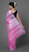 Blissful Pure Linen Embroidered Handloom Pink Saree