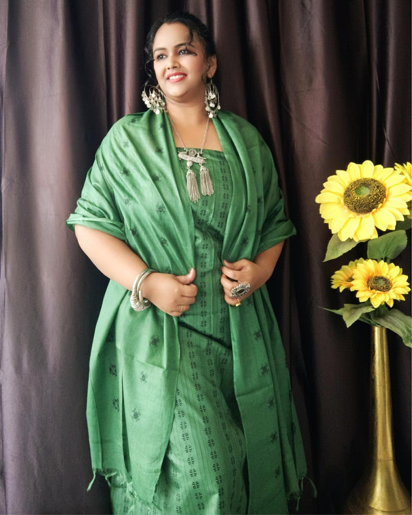 Katan Silk Handblock Printed Unstitched Suit Piece Green Color with Bottom and Dupatta Handcrafted-Indiehaat