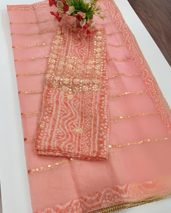 Peach Orange Gota Patti Suit | Kota Doria Trio | IndieHaat