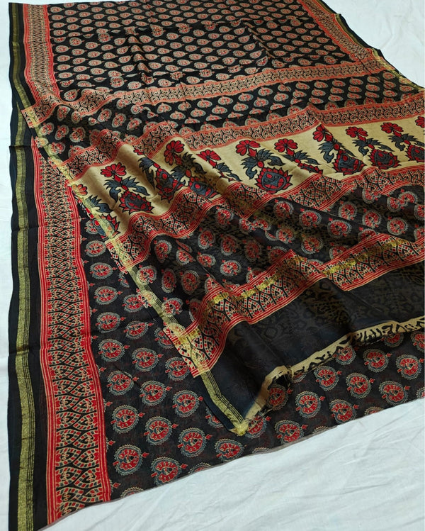 Indiehaat | Chanderi Silk Ajrakh Print Saree Black
