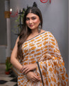 Indiehaat | Mul Cotton Printed Saree Yellow & White