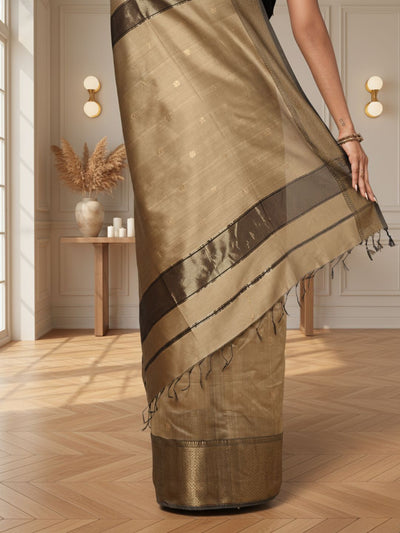 Quaint Maheshwari Pure Silk Butta Body Gray Saree