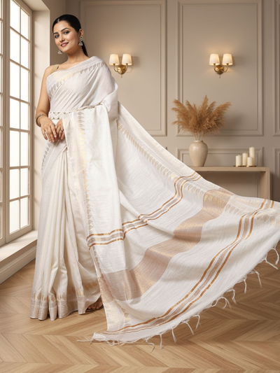Handcrafted Gleaming Kota Silk White Jacquard Saree