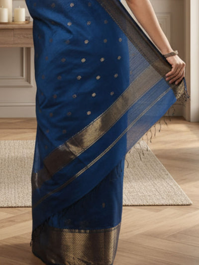 Melodic Maheshwari Pure Silk Butta Body Teal Blue Saree
