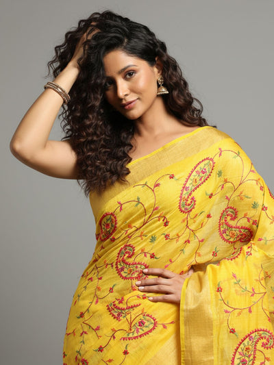 Captivating Silk Linen Embroidered Mustard Saree