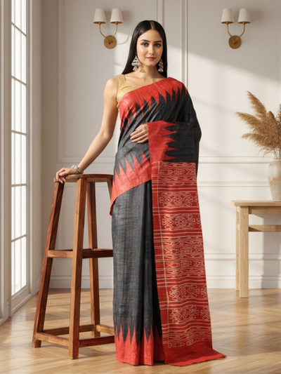 Silkmark Tussar Glowing Blockprint Black & Red Saree