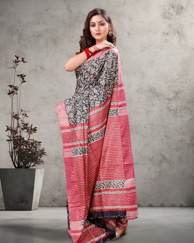 Silkmark Tussar Blissful Blockprint Red & Black Saree