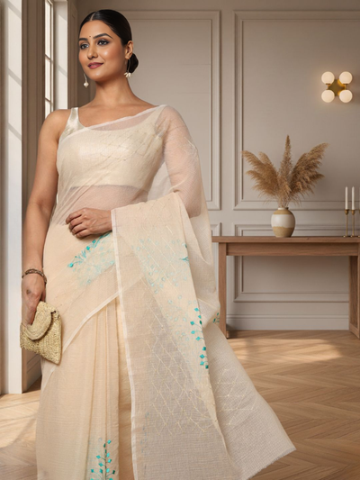 Earthy Kota Doria Cotton Bel Embroidery White Saree Handdyed