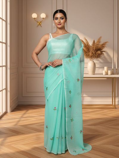 Kota Doria Blue Saree Allover Embroidery Handcrafted