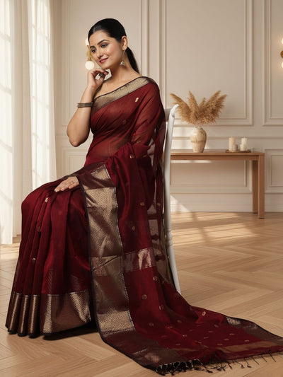 Poetic Maheshwari Pure Silk Butta Body Red Saree