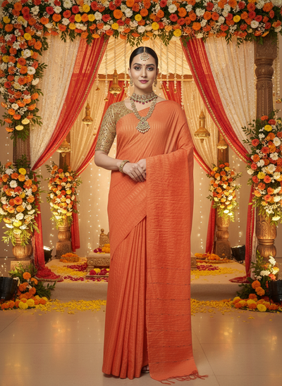 Striped Kota Slub Sequence Pallu Saree Hand Dyed Orange