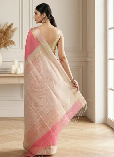 Stunning Pure Maheshwari Silk Allover Checks Dark Pink Saree