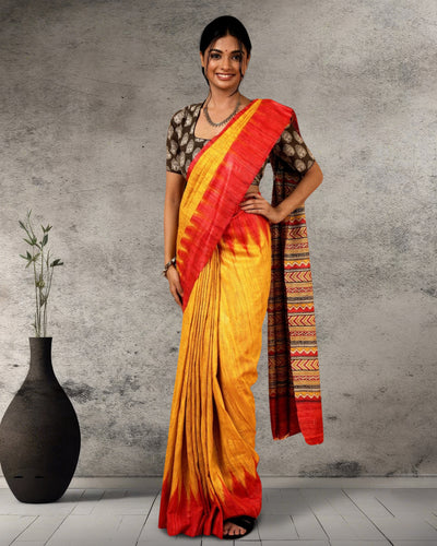 Silkmark Tussar Sunny Blockprint Mustard & Red Saree