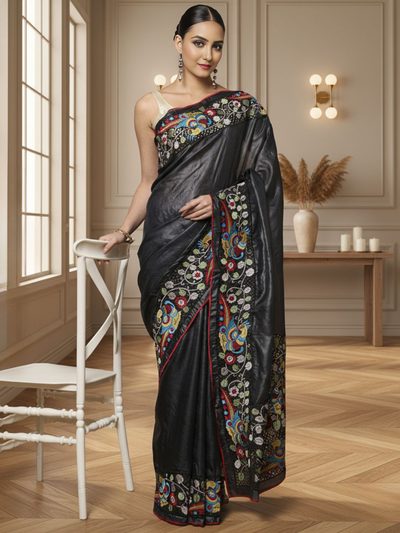 Silkmark Certified Rustic Pure Tussar Cutwork Eerie Black Saree