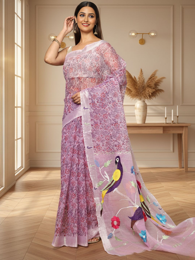 Kota Doria Paithani Embroidery Designer Saree Lavender