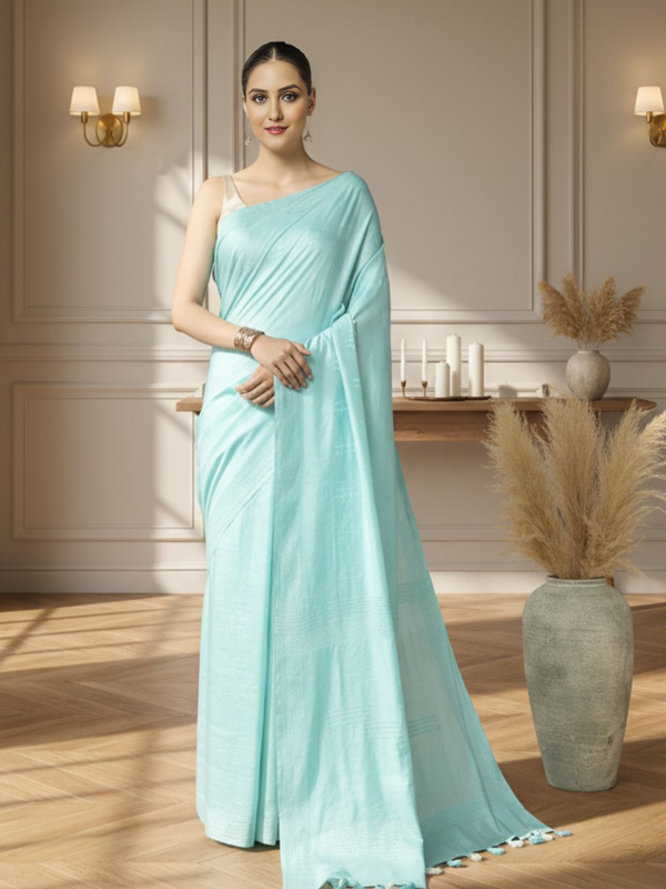 Katan Sea Blue Silk Saree Weaving Design with Blouse-Indiehaat