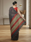 Bold Handwoven Pure Linen Gray Saree Striped Design