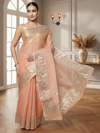 Pankhudi Jugnu Checks Kota Cotton Gota Patti Peach Saree