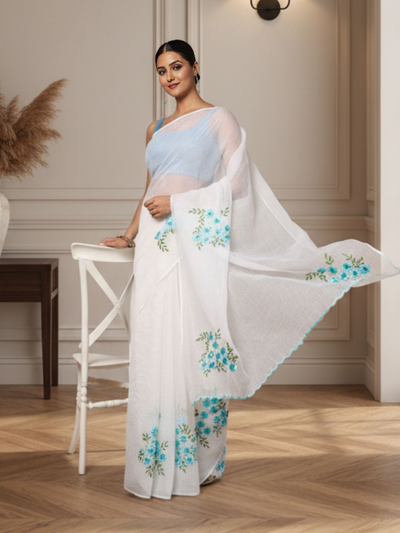 Classic Kota Doria White Pure Cotton Floral Embroidery Saree
