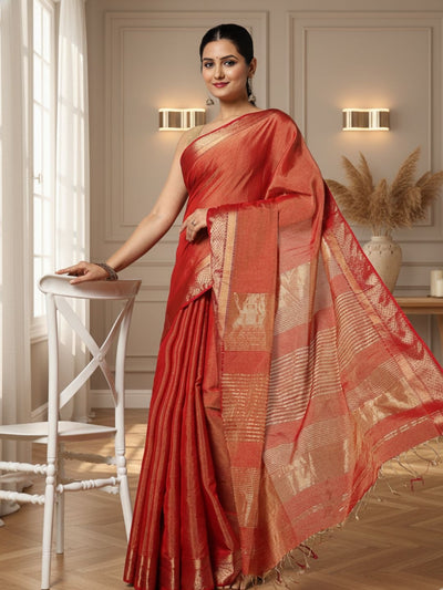 Quaint Maheshwari Tissue Silk Handwoven Saree Red