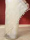 Vivid Pure Linen Embroidered Handloom Off White Saree