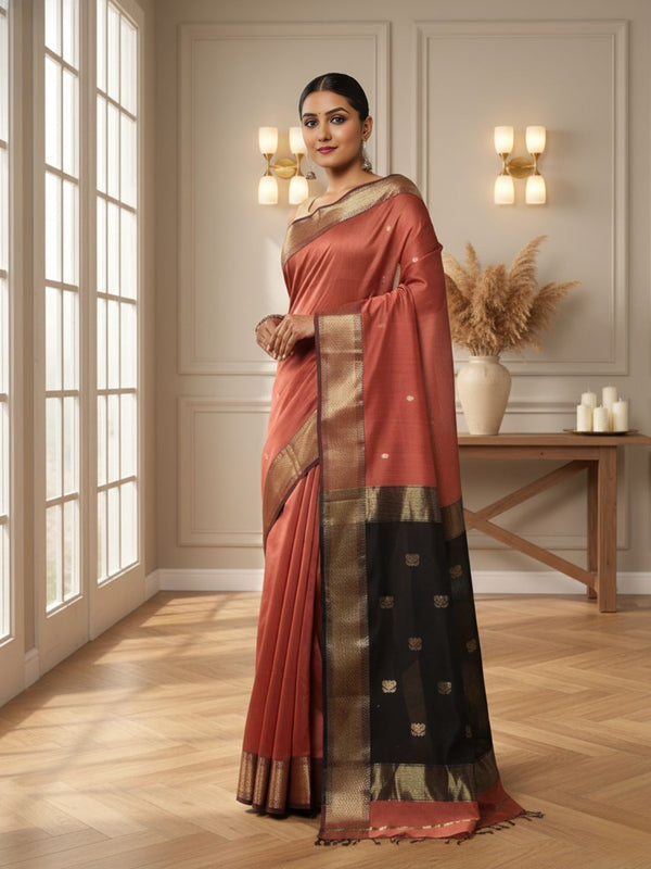Quaint Pure Maheshwari Silk Handloom Saree Brown & Black