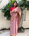 Handwoven Pure Linen Saree Dusky Pink Color with running Blouse - IndieHaat