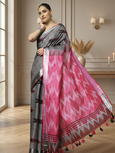 Soft Ikkat Slub Linen Handloom Gray Saree
