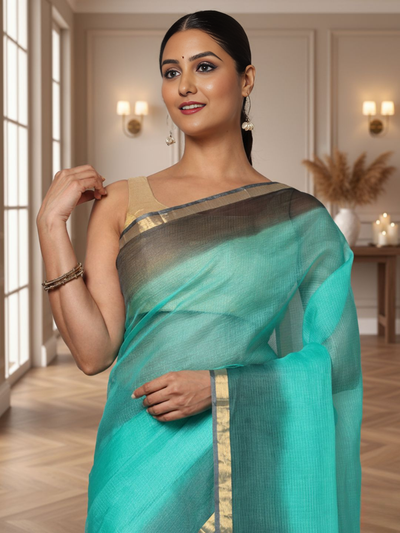 Sea Green Pure Silk Kota Doria Handdyed Saree