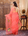 Fiery Kota Doria Cotton Bird Embroidery Red Saree Handdyed