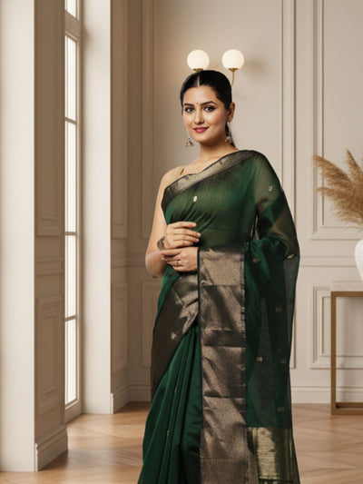 Modern Maheshwari Pure Silk Butta Body Green Saree