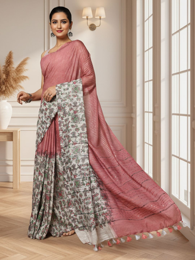 Half Dye Half Print Kota Silk Saree Charm Pink