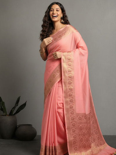 Silk Linen Banarasi Brocade Handloom Sweet Peach Saree with Blouse-Indiehaat