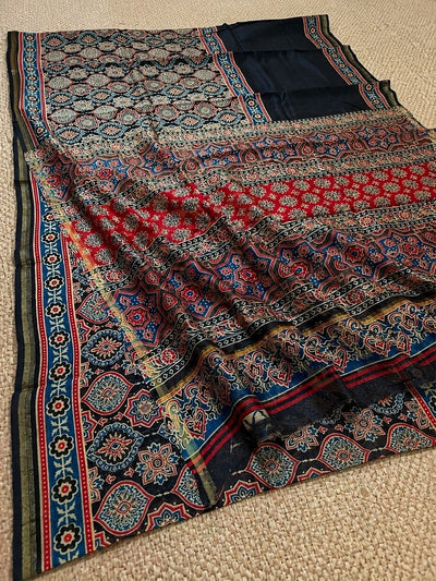 Indiehaat | Chanderi Silk Ajrakh Print Saree Black