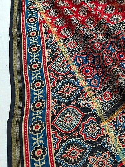 Indiehaat | Chanderi Silk Ajrakh Print Saree Black