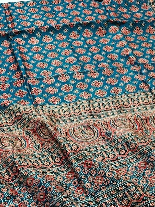 Indiehaat | Chanderi Silk Ajrakh Print Saree Blue