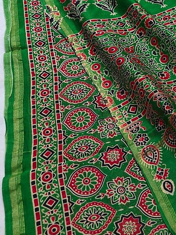 Indiehaat | Chanderi Silk Ajrakh Print Saree Green